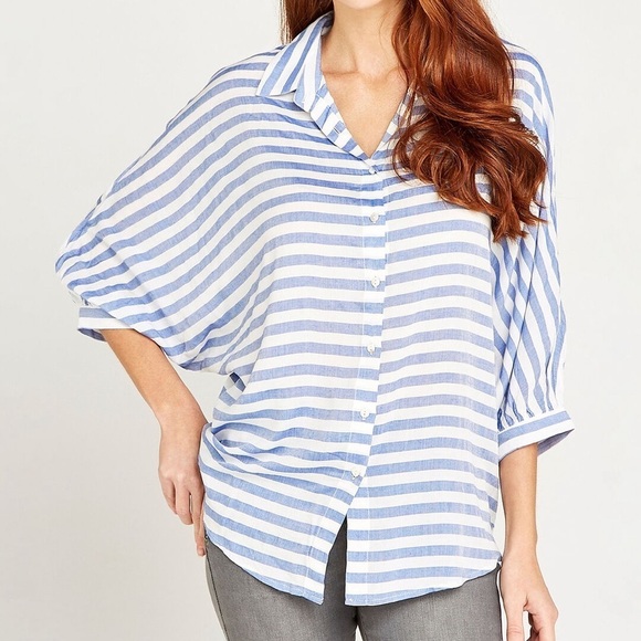 APRICOT Tops - APRICOT Striped Button Front Dolman Sleeve Blouse Blue White XL